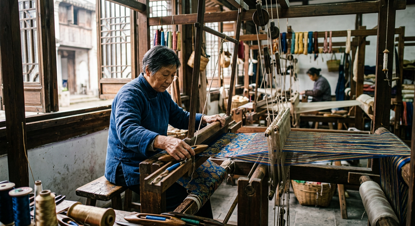 Artisan tisseur dans un atelier traditionnel de Suzhou, Chine