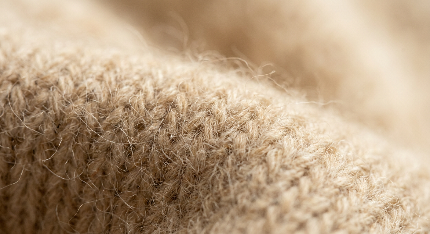 Zoom macro sur la texture du cachemire — douceur et finesse des fibres