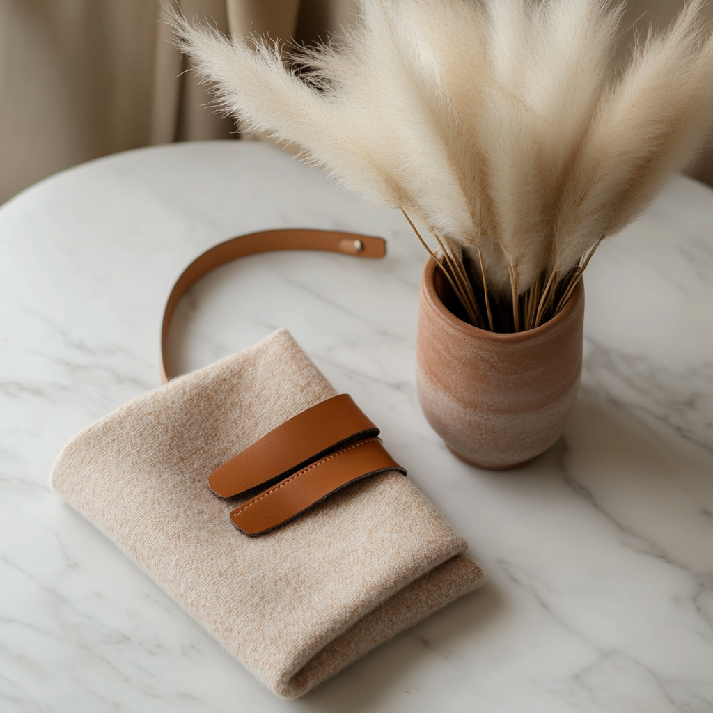 Flat lay accessoires cachemire sur marbre blanc