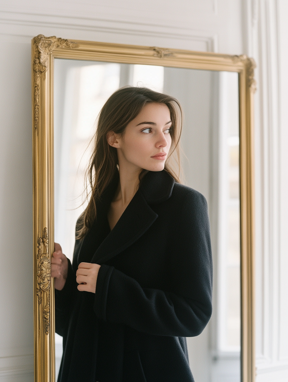 Manteau noir Yūn, miroir doré, appartement parisien