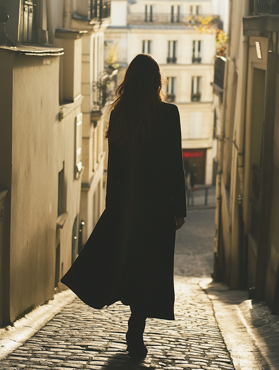 Silhouette manteau long noir, ruelle Montmartre