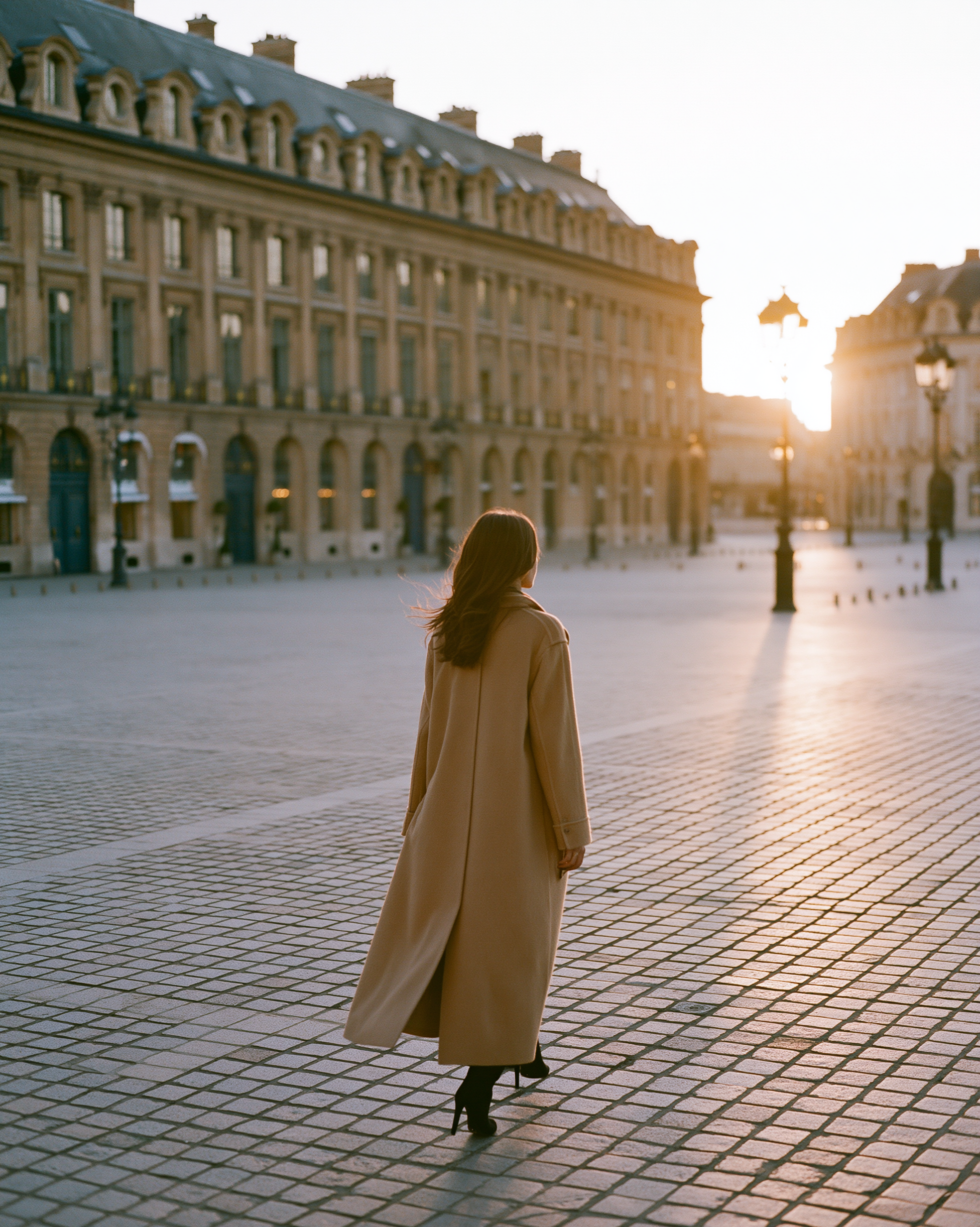 Manteau Huā Long Camel, vue dos, Place Vendôme — Atelier MAUDÉ