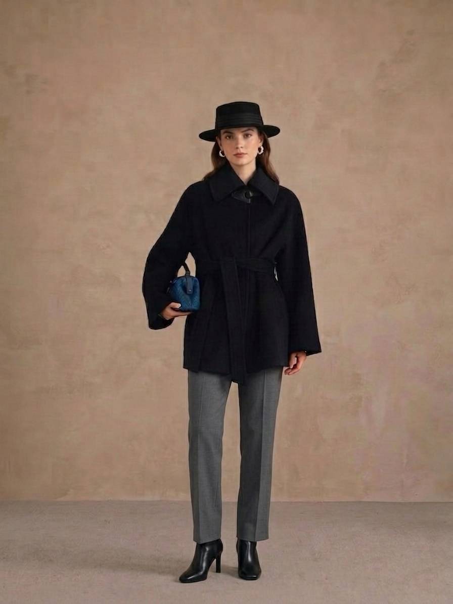 Manteau Yūn Court Ceinturé en laine et cachemire — noir